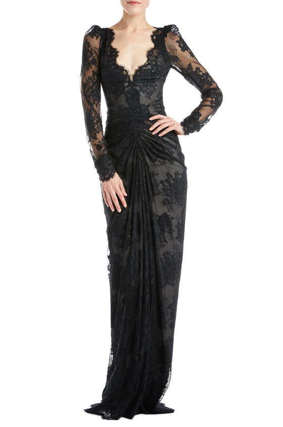 Ruched Long Sleeve Lace Gown