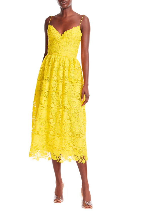 Yellow Guipure Lace Tea Length Dress