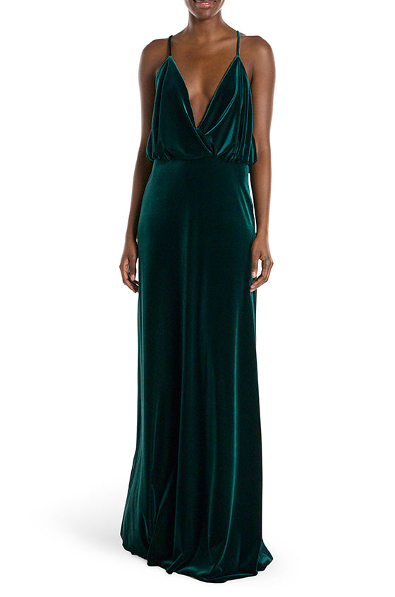 Spaghetti Strap Cowl Neck Velour Gown