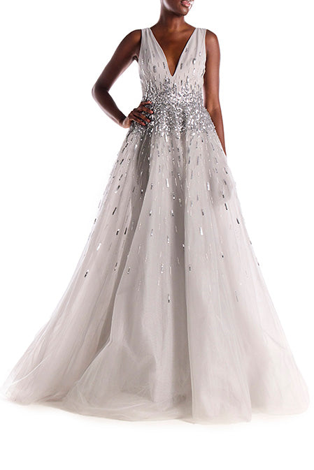 Embroidered V-Neck Metallic Tulle Gown