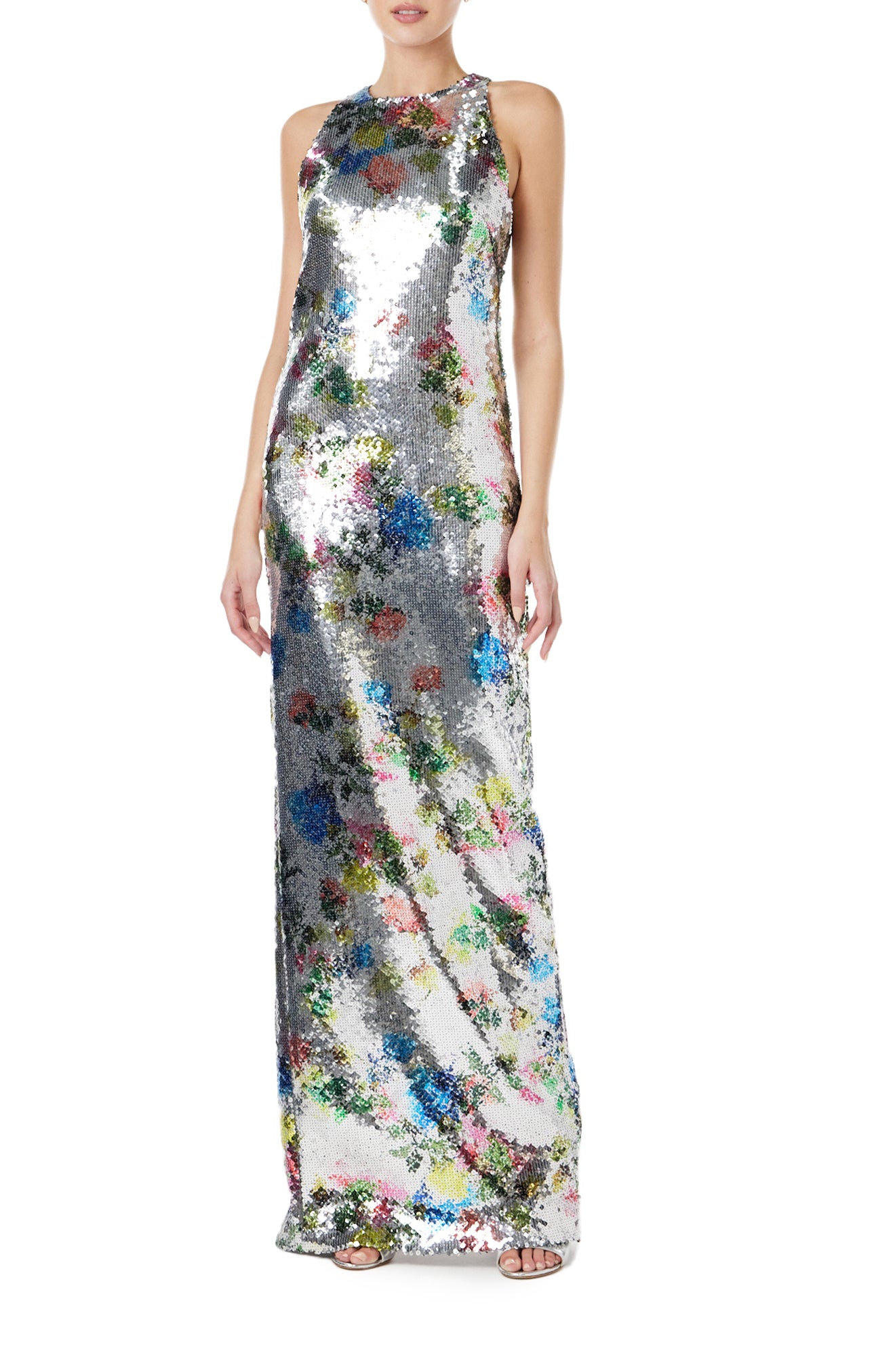 Printed Sequin Column Gown