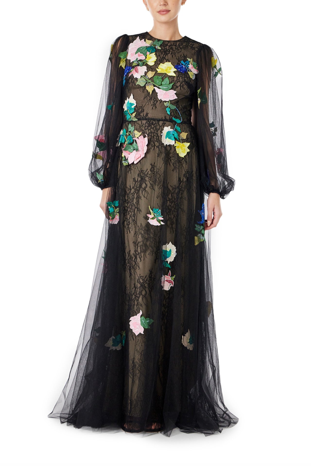 Long Sleeve Embroidered Tulle Gown