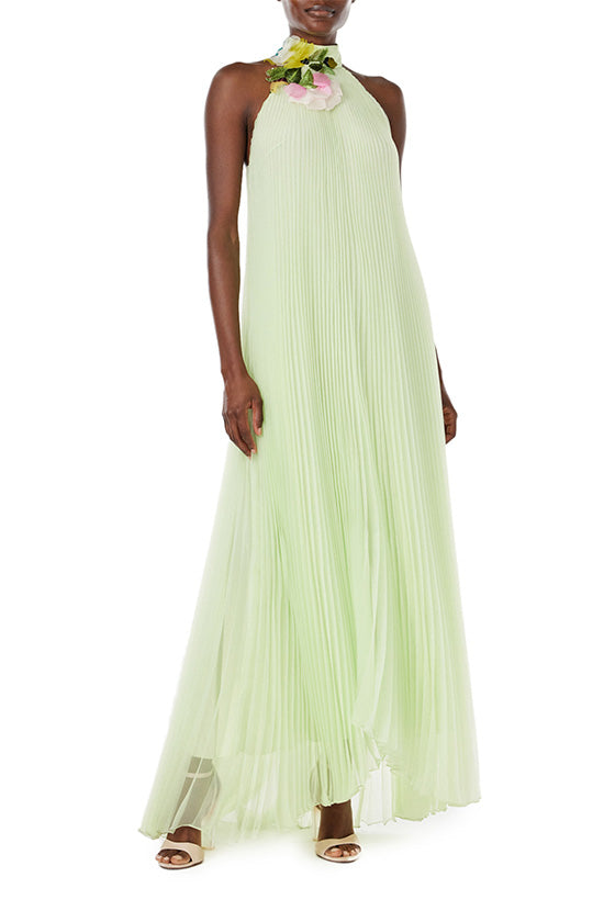 Pleated Organza Halter Gown