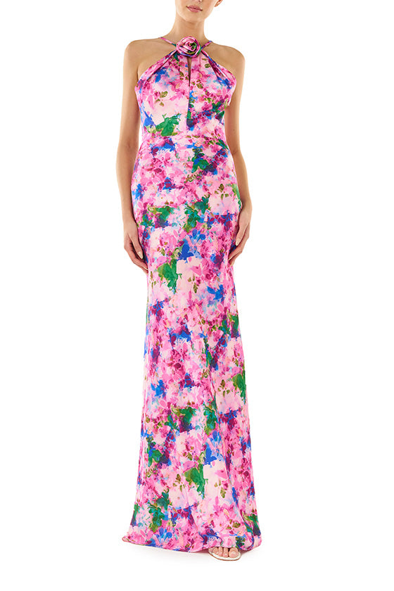 Floral Satin Halter Neck Gown